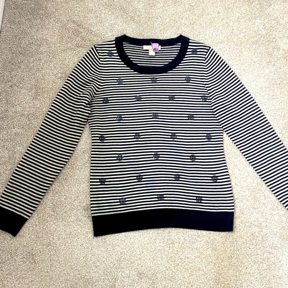 Black and white striped Banana Republic sweater with sequined polka dots